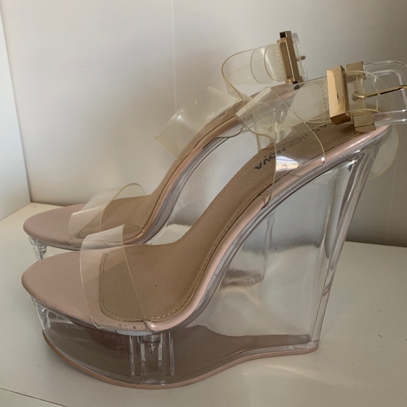 Fashion Nova Shoes - Clear Wedge Ankle Strap Heel